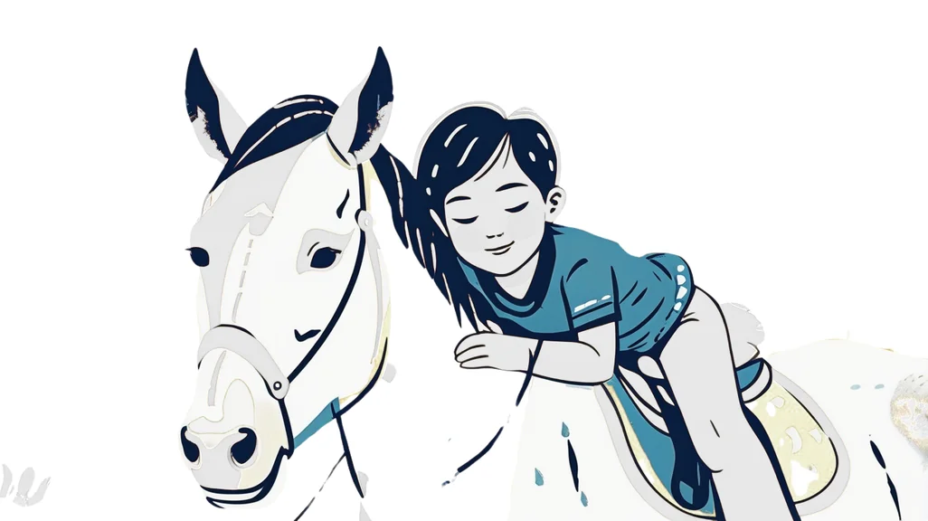 Illustration d'une enfant qui enlace un poney blanc